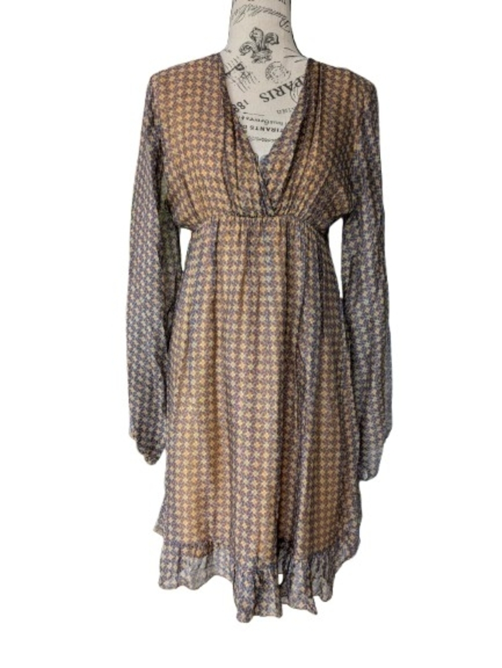 EMC 100% Silk Boho Mini Dress Made in Italy V-Neck Long Sleeve size S-M